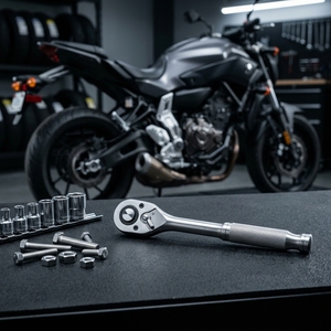 Clé à cliquet en métal finition chromée pour réparation de moto avec double embout impérial pour l'entretien et le démontage des fixations - Product Image 1