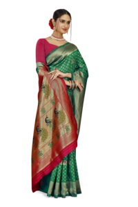 Fancy Stylish Soft Green Silk Saree with Peacock Embroidery <b>Red</b> Border and <b>Blouse</b> Piece for Wedding Party Festival Wear - Product Image 1