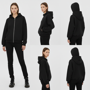 Sweat à capuche premium épais à fermeture éclair intégrale |   Veste en molleton de coton noir surdimensionnée |   Logo personnalisé disponible pour les commandes en gros - Product Image 1