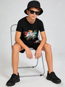 Ropa de verano para niños, conjunto de 2 piezas, camiseta gráfica de manga corta y pantalones cortos, atuendo informal para hombres, mujeres y jóvenes - Product Image 2