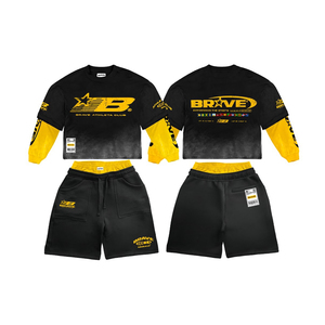 Conjunto de Top Corto Oversize y Pantalones Cortos para Hombre, Morado y Amarillo, Estilo Urbano, Cuello Redondo, Manga Larga, Diseño con Bolsillos, Transferencia Térmica - Product Image 2
