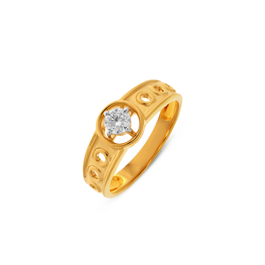 Anillo Solitario de Oro Amarillo Macizo con Diamante Redondo y Diseño de Banda Geométrica Única con Cuadrado Recortado - Product Image 1