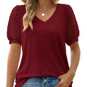 <b>Women's</b> Mint Green V-Neck T-Shirt With <b>Mesh</b> Puff Sleeves Casual Spring Summer <b>Top</b> Regular Fit Knitted Breathable Solid Color - Product Image 5