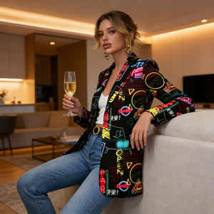 Offre Spéciale sur le Blazer Femme Tendance à Imprimé Graffiti Temu, Col Revers Ouvert, Manteau Décontracté, Vêtement d'Extérieur Chic pour le Bureau et la Ville - Product Image 5