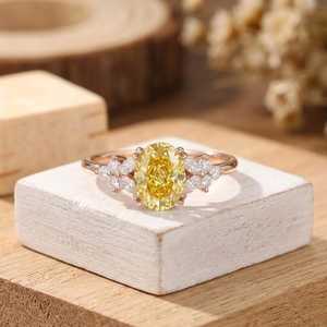 10K 14K 18K Solid Gold Yellow Oval & Round Lab Grown Diamond Engagement Ring Vintage Cluster Side Stones Halo Wedding Ring - Product Image 1