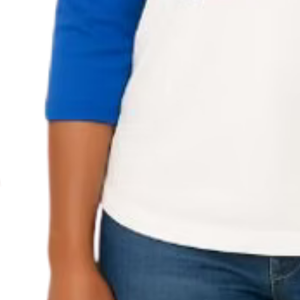Camiseta de Béisbol para Mujer, Blanca y Azul, con Logotipo Redondo Brillante, Manga Raglán Tres Cuartos, Estilo Casual - Product Image 5