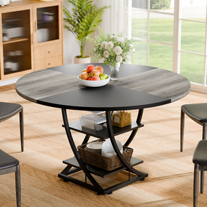 Rustic Farmhouse Round <strong>Dining</strong> <strong>Table</strong> with <strong>2</strong> Tier Storage Shelves Industrial Wood Metal Kitchen <strong>Table</strong> <strong>for</strong> <strong>Dining</strong> Room Living Room - Product Image 1