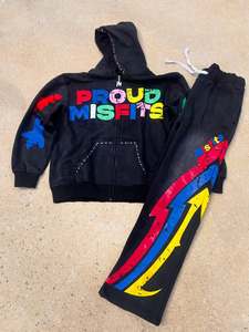 Custom 100% Cotton Terry Oversized Printed Tracksuit Acid Washed Sweat Suits <b>Men</b> <b>Flare</b> Stacked Sweatpants and Hoodie Set - Product Image 1