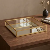 Plateau en verre avec bordure en laiton, plateau de service rectangulaire décoratif pour table basse, décoration et présentation de la maison