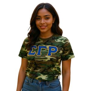 เสื้อยืดลายพรางตัวอักษร Sigma Gamma Rho ผ้าฝ้าย คอกลม แขนสั้น สำหรับทุกเพศ เสื้อผ้าชมรมกรีก สไตล์ลำลอง สตรีทแวร์ แบบสั่งทำ - Product Image 1