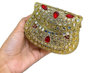 Royal Red Stone Kundan Bridal Clutch with Mirror Work & Rhinestone Embellishment - Product Image 2