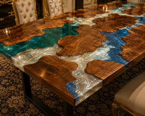 Custom <b>Resin</b> River Dining <b>Table</b>, Solid Wood <b>Epoxy</b> <b>Table</b>, Modern Luxury Dining Furniture, Statement Piece - Product Image 4