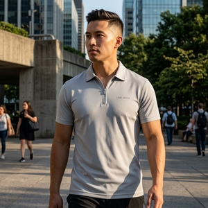 Mens Light Gray <b>Zip</b> <b>Neck</b> <b>Polo</b> <b>Shirt</b> Custom Logo Short Sleeve Golf Tennis Sportswear Uniform Style Regular Fit Gray - Product Image 6