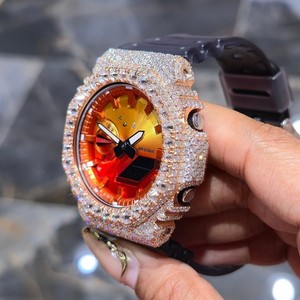 Reloj de Lujo para Mujer, Cuarzo Analógico-Digital, Caja con Pedrería, Esfera de Cristal de Zafiro, Caja de Acero Inoxidable de 45 mm, Esfera Naranja, Correa de Goma - Product Image 3