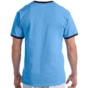 T-shirt décontracté en coton tricoté bleu à manches courtes et col rond pour homme, coupe régulière, avec bordure contrastante, couleur unie, vente en gros - Product Image 2