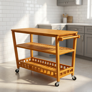 Chariot de bar à 3 niveaux en bois avec roulettes, design scandinave moderne, meuble de rangement autoportant pour la maison - Product Image 4