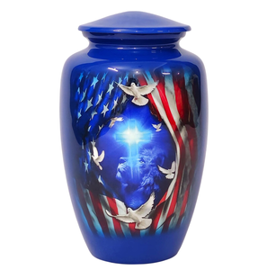 Urne funéraire patriotique artisanale Aigle et Drapeau (Stars and Stripes) - Taille adulte, en métal bleu brillant, pour inhumation - Product Image 5