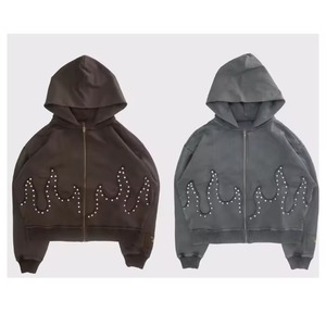 Custom 400 Gsm Men's Solid Lined Distressed Hoodie Full Rhinestone Embroidered Acid Wash Oversized Pullover Boxy Fit DTG - Product Image 2