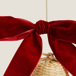 Natural Woven Rattan Decorate Christmas Bell Pouch Featuring <b>Red</b> Velvet <b>Bow</b> And Hanger Loop Art - Product Image 4