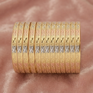 ORO-Z Luxury Ethnic Three Tone Gold Plated Stackable <b>Bangles</b> with Geometric Diamond Cut Finish for Women Wedding Party Jewelry - Product Image 2