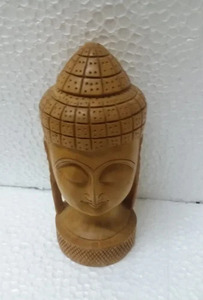 Statue de tête de Bouddha sculptée en bois naturel, décoration de bureau intérieure, ornement de salon, sculpture religieuse artisanale - Product Image 1