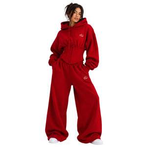 Conjunto de chándal de alta calidad con sudadera corta tipo corsé blanca, bordado personalizado, pantalón de pierna ancha, estilo athleisure, conjunto de descanso de forro polar de alto gramaje. - Product Image 5