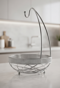 Cesta de Almacenamiento de Frutas de Alambre Metálico Plateado al por Mayor, Colgador de Plátanos, Soporte de Exhibición de Cocina con Banda de Cristal - Product Image 4