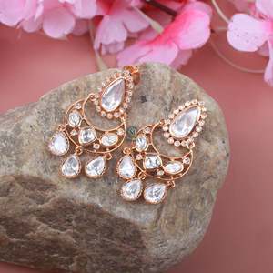 Inaya Polki Designer Chandelier Earrings-Gold Plated Ethnic Vintage Flower with Pearl Diamond & Jade for Party & Wedding - Product Image 1