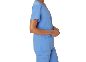 Ensemble de tenue médicale décontractée pour femmes, bleu clair, col en V, manches courtes, en tricot élasthanne, avec pantalon, pour détection d'aiguilles - Product Image 2