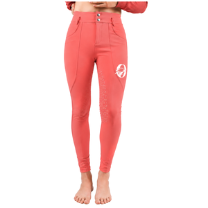 Pantalon d'équitation femme rouge corail, taille haute, legging de compression avec grip intégral en silicone, culotte d'équitation pour l'entraînement - Product Image 1