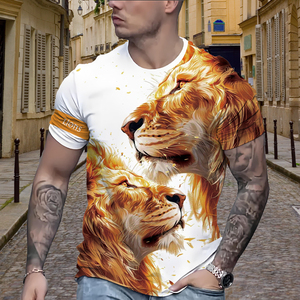 Camiseta con Sublimación Gráfica de León Dorado 3D - Estampado Artístico de Doble León, Blanca, Estilo Urbano, Manga Corta, Informal, a la Moda - Product Image 6