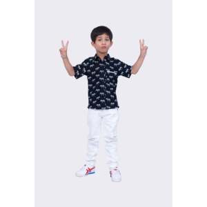 Boys Casual Cotton Poplin <b>Shirt</b>-Black <b>Half</b> Sleeves with Zebra Print - Product Image 1
