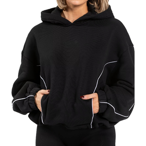 Custom Embroidered Plain Pattern Short Length Autumn Front Logo Drop Shoulder Oversized Hoodies <b>Women</b> Pullover <b>Top</b> - Product Image 3