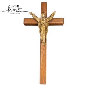 Croix murale en bois artisanale avec crucifix en laiton, décoration religieuse chrétienne à suspendre, cadeau pour la prière à la maison ou à l'église - Product Image 2