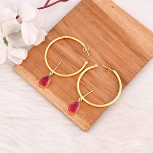 Stylish Pink Tourmaline Hydro Hoop Earrings Gold Plated Handmade Brass Jewelry with Bezel <b>Set</b> Shilpi Impex Brand for Women - Product Image 4