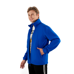 Men's Blue Fleece <b>Jacket</b> Stand Collar <b>Zipper</b> Front Casual Autumn Wear Regular Fit Polyester Material Solid Color <b>Pockets</b> - Product Image 1