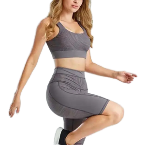 Gray Racerback <b>Crop</b> <b>Top</b> High Waist Bike Shorts 2 Piece Yoga Set Seamless <b>Mesh</b> Spandex Polyester Workout Wear - Product Image 4