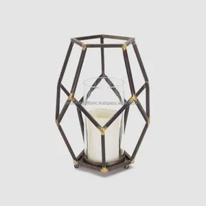 Metal & Clear Glass Tealight Candle Holder With Antique Brown Finishing Pentagonal Shape Geometrical Design For Home Decoration