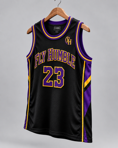 Maillot de basketball Fly Humble noir, violet et or 23, débardeur en mesh sublimé, unisexe adulte, toutes saisons, prix de gros, personnalisable - Product Image 3