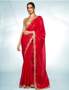Traditional <b>Red</b> Rayon Silk Saree with Gold Embellished Border and Unstitched <b>Blouse</b> for Wedding and Party Wear - Product Image 3