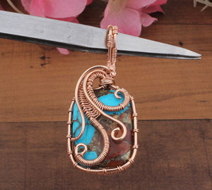 Pendentif en turquoise cuivre bleu naturel enroulé de fil, argent 925, vente en gros, matrice vintage plaqué platine, fait à la main, cadeau unisexe - Product Image 2