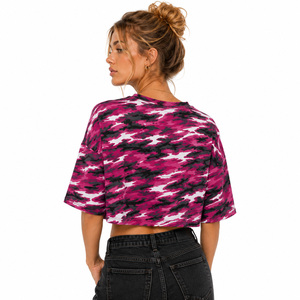 Camiseta Corta con Estampado de Camuflaje Rosa Personalizada de Fábrica, Camiseta Holgada para Mujer, Cuello Redondo, Camuflaje, Algodón, Informal, Primavera Verano - Product Image 2