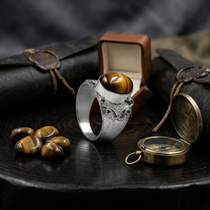 Natural Tiger Eye Gemstone <b>Ring</b> 10x14mm Oval Stone Silver Plated Brass Vintage <b>Statement</b> <b>Ring</b> Wholesale Jewelry - Product Image 1