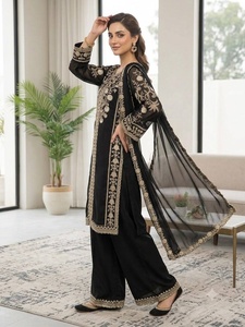 Black Embroidered Silk 3 Piece <b>Suit</b> <b>Women</b> Traditional Indian Pakistani <b>Wedding</b> Floor Length Loose Fit Set - Product Image 2