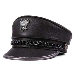 หมวกแก๊ปผู้ชายทรง Trucker ผ้าฝ้าย 100% ปรับแต่งได้ แฟชั่นหนังวัวแท้ หมวกทรงแบนสีดำ - Product Image 2