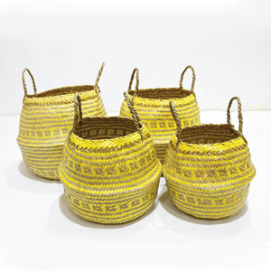 New Design Durable Circle Palm Leaf Belly <b>Basket</b> Yellow Woven Storage Bin <b>Foldable</b> with Handle - Product Image 3
