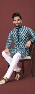 Ensemble Kurta pour homme, imprimé bleu sarcelle et blanc, col mandarin, longueur genou, tenue ethnique traditionnelle - Product Image 2