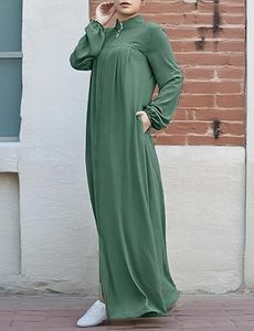 Women Long Sleeve Maxi <b>Abaya</b> Stand Collar Solid Color Loose Fit Cotton Modest Dress Daily Wear Middle East Style - Product Image 4