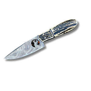 Premium Damascus Steel Fixed Blade Drop Point Utility <b>Knife</b> Antler Style <b>Handle</b> Leather Sheath Hunting Outdoor Camping <b>Knife</b> - Product Image 1