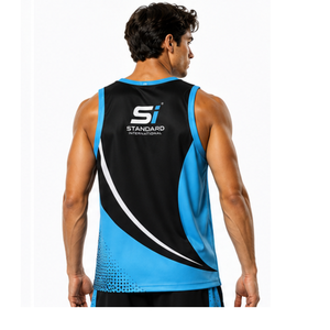 เสื้อบาสเก็ตบอลแขนกุดผู้ชายสีน้ำเงินดำ พิมพ์ลายแบบ Sublimation ระบายอากาศได้ดี รุ่นมาตรฐานสากล - Product Image 3